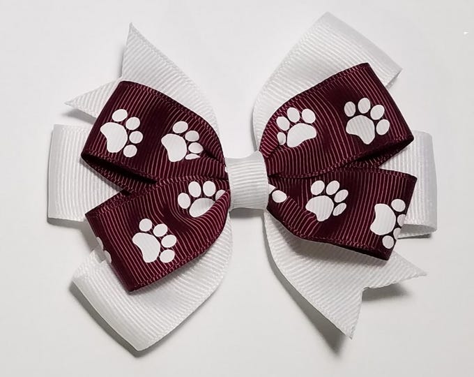 3.5" Maroon White Paw Print Hair Bow *You Choose Solid Bow Color*