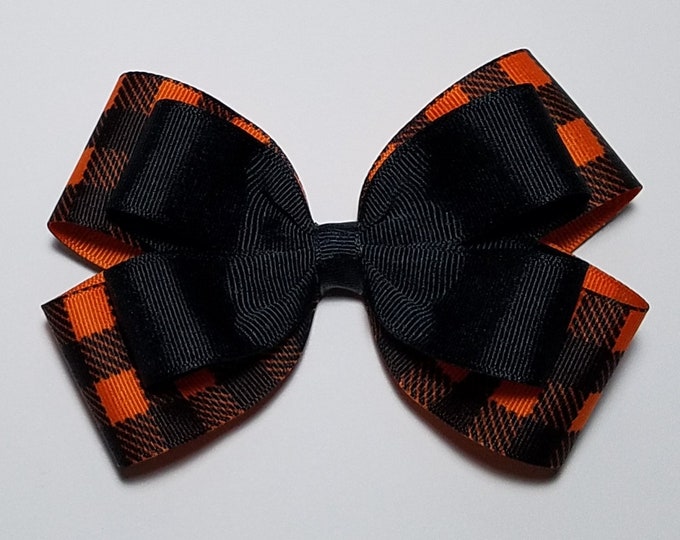 5" Orange Buffalo Plaid Hair Bow *You Choose Solid Bow Color*