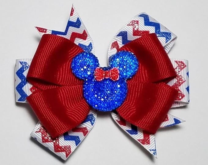3.5" 4th July Patriotic Chevron Hair Bow *You Choose Solid Bow Color*