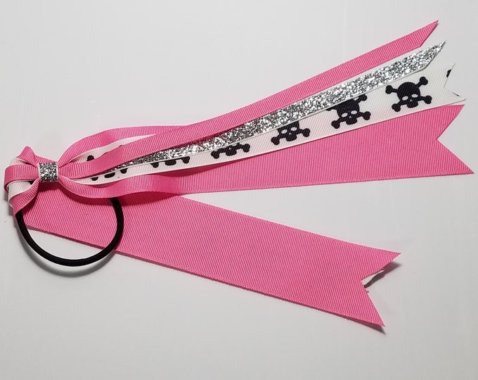 Skull and Crossbones Ponytail Streamer *You Choose Solid Ribbon Color- Glitter Color & Length*