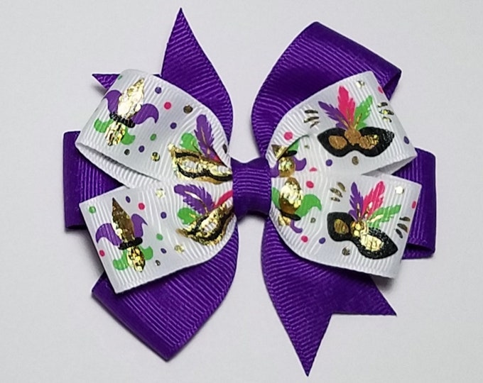 3.5" Mardi Gras Hair Bow *You Choose Solid Bow Color*