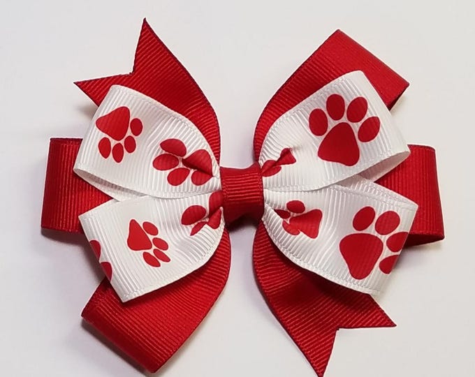 3.5" Red Paw Print Hair Bow *You Choose Solid Bow Color*