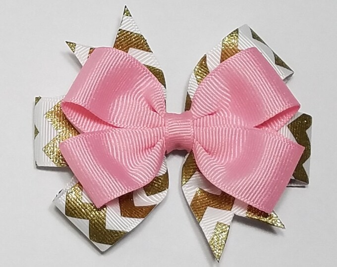 3.5" Pink Gold Chevron Hair Bow *You Choose Solid Bow Color*