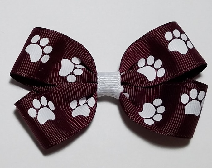 3" Maroon White Paw Print Hair Bow