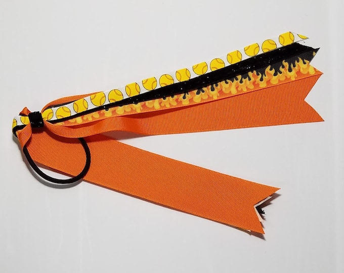 Softball Flames Fire Ponytail Streamer *You Choose Solid Ribbon Color- Glitter Color & Length*