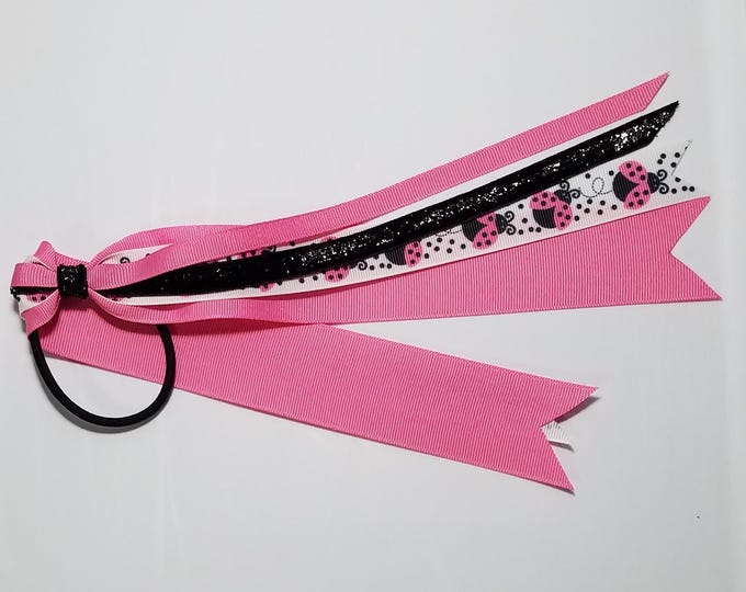 Pink Ladybug Ponytail Streamer *You Choose Solid Ribbon Color- Glitter Color & Length*