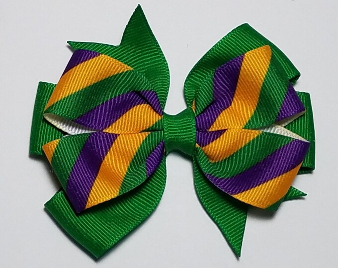 3.5" Mardi Gras Stripe Hair Bow *You Choose Solid Bow Color*