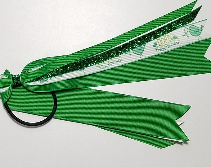 Celiac Disease Green Awareness Ribbon Ponytail Streamer *You Choose Solid Ribbon Color- Glitter Color & Length*