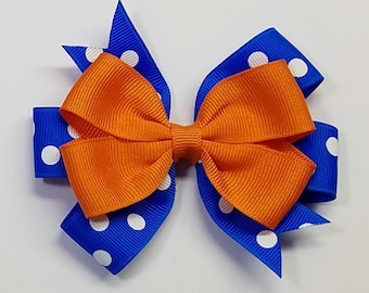 3.5" Orange Electric Blue Polka Dot Team Sport School Colors Hair Bow *You Choose Solid Bow Color*