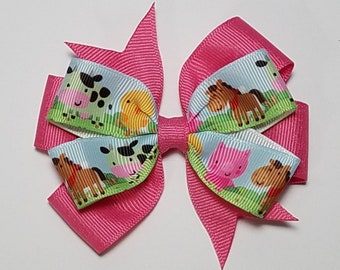 3.5" Farm Animals Hair Bow *You Choose Solid Bow Color*