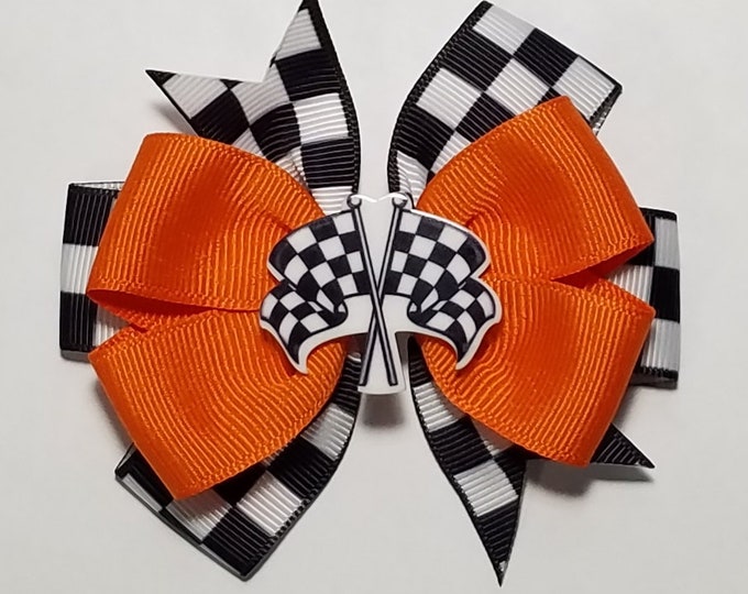 3.5" Checkered Flag Racing Hair Bow *You Choose Solid Bow Color*