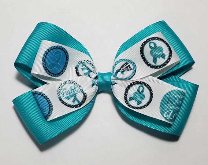 5" Ovarian Cancer Teal Awareness Ribbon Hair Bow *You Choose Solid Bow Color*