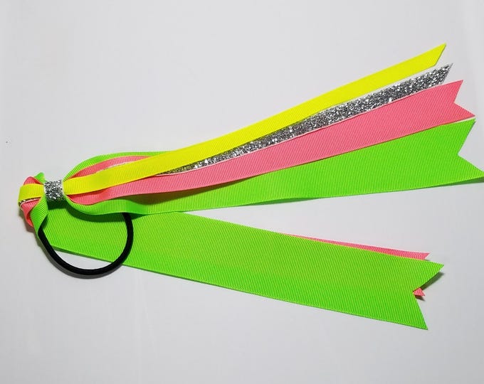 Neon 1980's Retro Neon Yellow, Neon Pink, Neon Green Ponytail Streamer- 9" (18" total) *CLEARANCE*