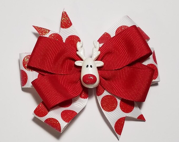 3.5" Reindeer Glitter Hair Bow *You Choose Solid Bow Color*