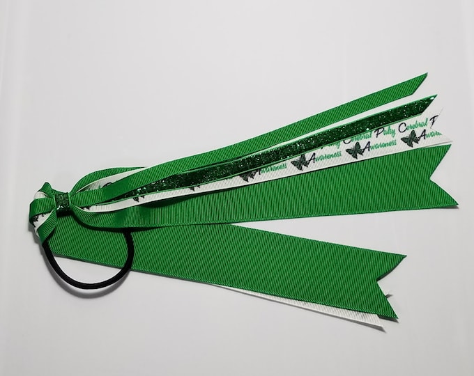 Cerebral Palsy Green Awareness Ribbon Ponytail Streamer *You Choose Solid Ribbon Color- Glitter Color & Length*