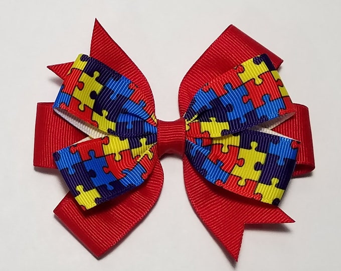 3.5" Autism Awareness Hair Bow *You Choose Solid Bow Color*