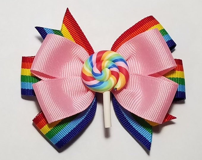 3.5" Lollipop Rainbow Hair Bow *You Choose Solid Bow Color*