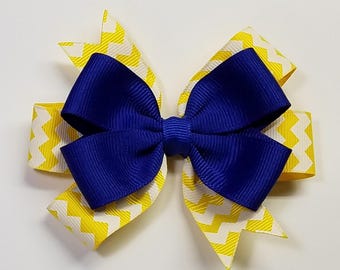 3.5" Royal Blue Yellow Chevron Stripe Team Sport School Colors Hair Bow *You Choose Solid Bow Color*