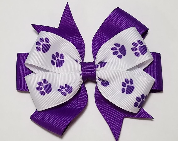 3.5" Purple Paw Print Hair Bow *You Choose Solid Bow Color*