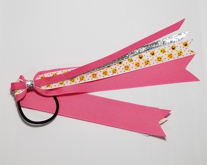 Emoji Print Ponytail Streamer *You Choose Solid Ribbon Color- Glitter Color & Length*