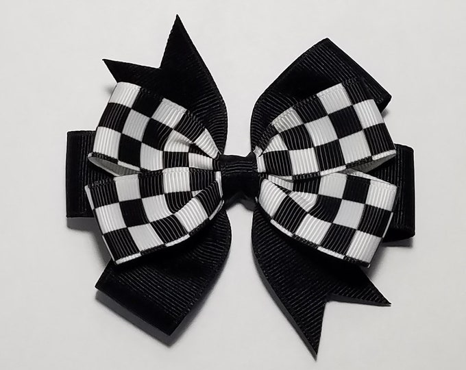 3.5" Checkered Flag Racing Hair Bow *You Choose Solid Bow Color*