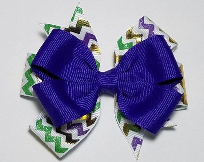 3.5" Mardi Gras Hair Bow *You Choose Solid Bow color*