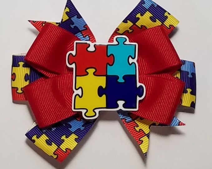 3.5" Autism Awareness Puzzle Piece Hair Bow *You Choose Solid Bow Color*