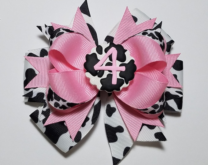 5" 4th Birthday Cow Print Hair Bow