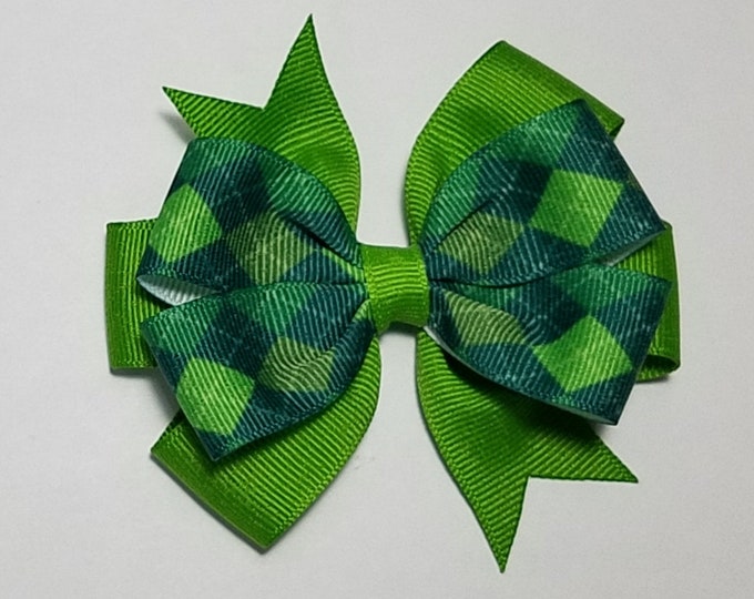 3.5" Green Argyle Hair Bow *You Choose Solid Bow Color*