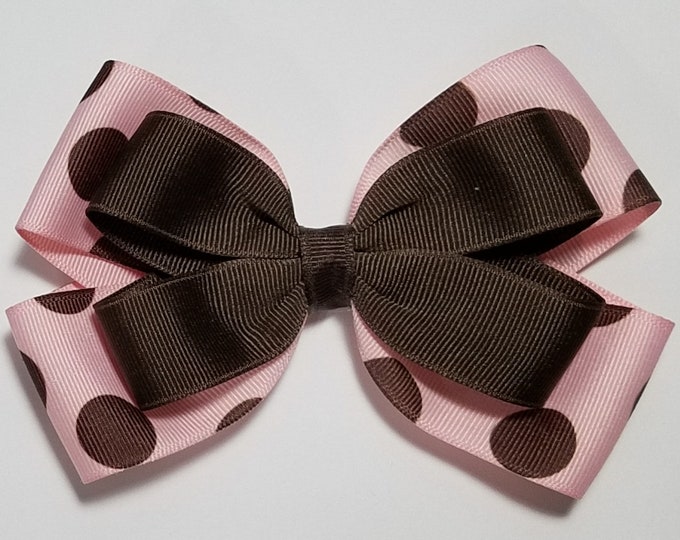 5" Pink Brown Polka Dot Hair Bow *You Choose Solid Bow Color*