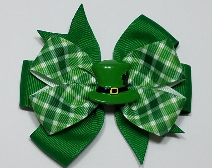 3.5" St. Patrick Day Plaid Hair Bow *You Choose Solid Bow Color*