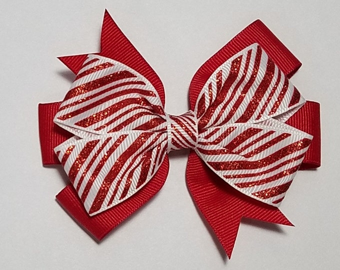 3.5" Candy Cane Stripe Glitter Hair Bow *You Choose Solid Bow Color*
