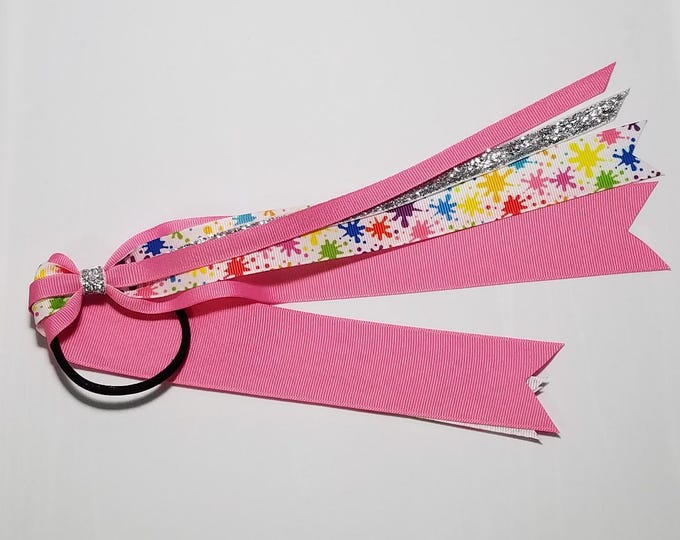 Paint Splatter Ponytail Streamer *You Choose Solid Bow Color- Glitter Color & Length*