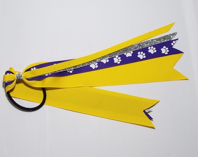 Purple Paw Print Ponytail Streamer *You Choose Solid Ribbon Color- Glitter Color & Length*
