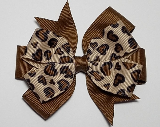 3.5" Leopard Heart Hair Bow *You Choose Solid Bow Color*