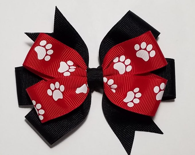 3.5" Red Paw Print Hair Bow *You Choose Solid Bow Color*