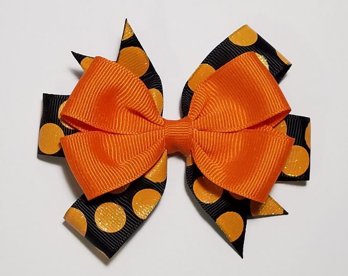 3.5" Black Orange Glitter Polka Dot Hair Bow *You Choose Solid Bow Color*