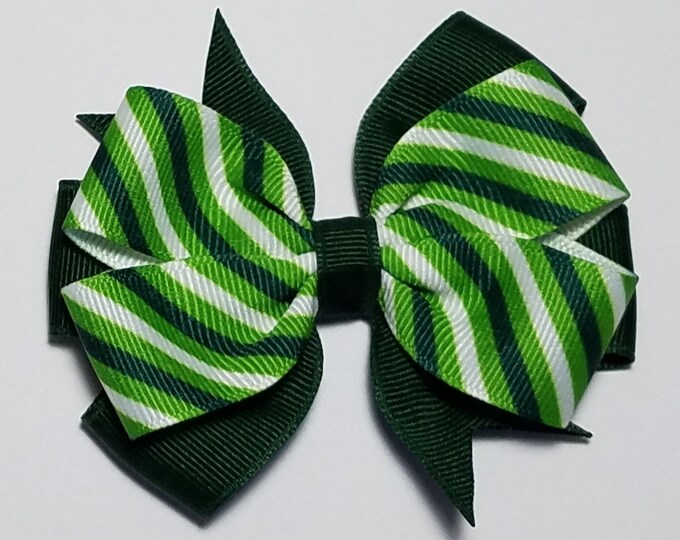 3.5" Green Stripe Hair Bow *You Choose Solid Bow Color*