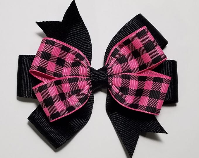 3.5" Pink Buffalo Plaid Hair Bow *You Choose Solid Bow Color*