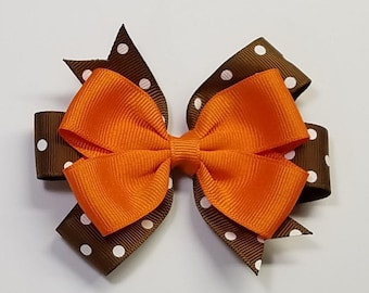 3.5" Orange Brown Polka Dot Team Sport School Colors Hair Bow *You Choose Solid Bow Color*