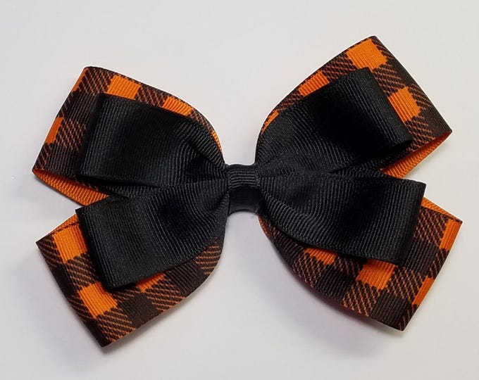 5" Orange Buffalo Plaid Hair Bow *You Choose Solid Bow Color*