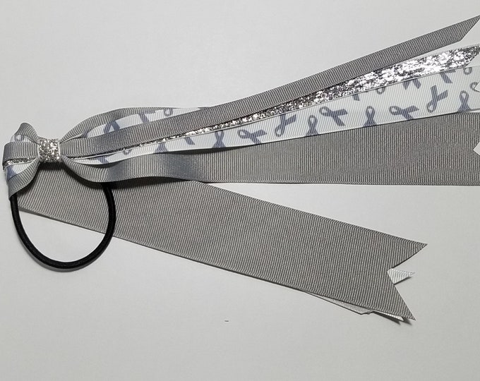 Gray Awareness Ribbon Ponytail Streamer *You Choose Solid Ribbon Color- Glitter Color & Length*