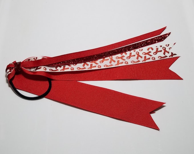 Red Awareness Ribbon Ponytail Streamer *You Choose Solid Ribbon Color- Glitter Color & Length*