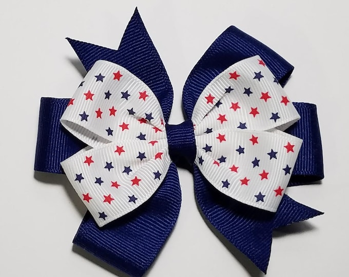 3.5" Patriotic Stars Hair Bow *You Choose Solid Bow Color*