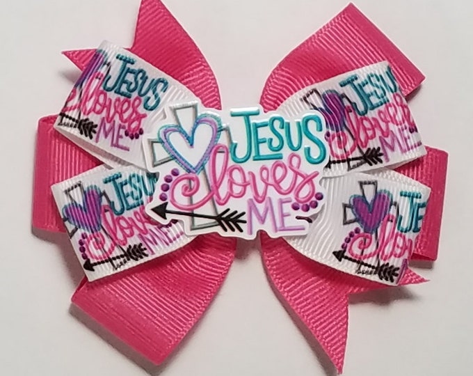 3.5" Jesus Loves Me Hair Bow *You Choose Solid Bow Color*