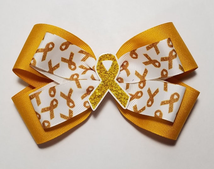 5 Inch Gold Awareness Ribbon Hair Bow *You Choose Solid Bow Color*