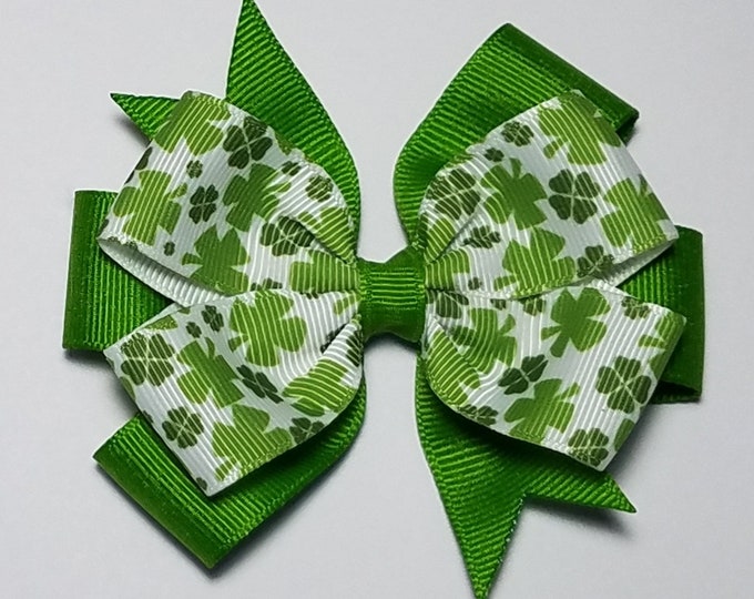 3.5" Shamrock Clover Hair Bow *You Choose Solid Bow Color*