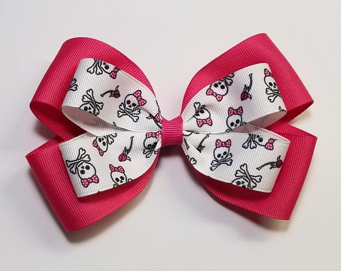 5" Skulls & Crossbones Hair Bow *You Choose Solid Bow Color*