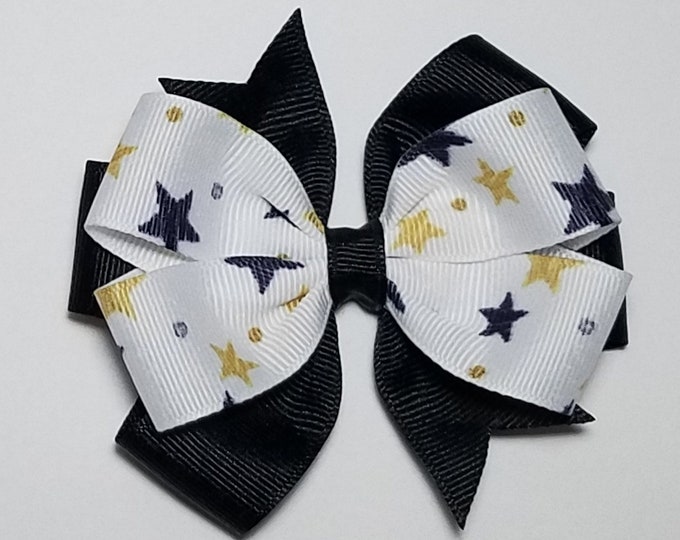 3.5" Black Gold Stars Hair Bow *You Choose Solid Bow Color*