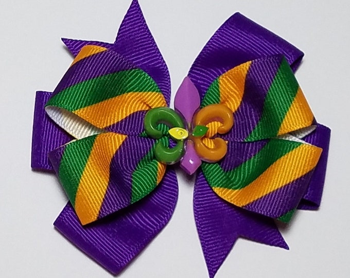 3.5" Mardi Gras Hair Bow *You Choose Solid Bow Color*